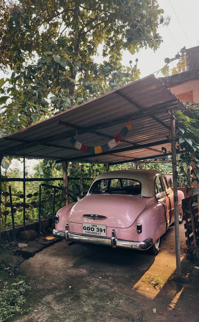 A classic pink Chevrolet Deluxe parked under a metal carport surrounded by greenery.